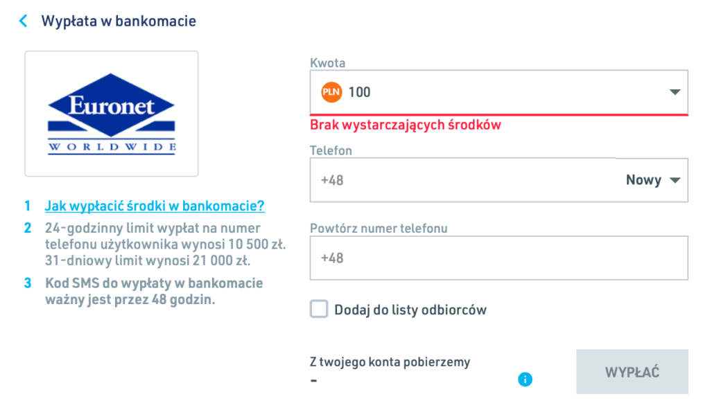 wypłata kryptowalut w euronet